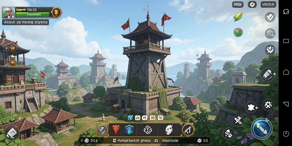 Screenshot gameplay RK55 menampilkan aksi menara mempertahankan markas.